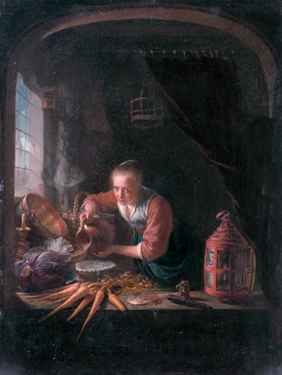 Ung kvinde hælder vand op af en kande af Gerrit Dou