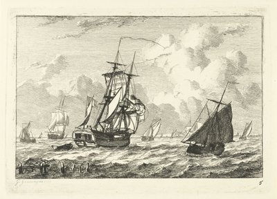 Flere sejlskibe på oprørt vand Forskellige skibe på vandet (serietitel) af Gerrit Groenewegen
