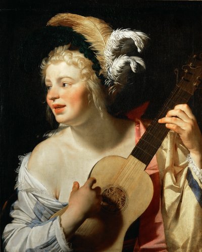 Kvinde, der spiller guitar, 1624. af Gerrit van Honthorst