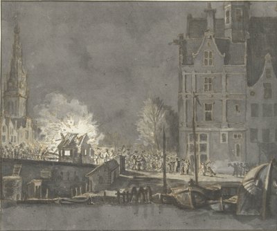 Afbrænding af toldhusene ved Nieuwebrug i Amsterdam af Gerrit Lamberts