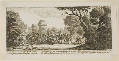 Opdagelsen af de kriminelle soldater, planche ni fra Krigens store elendighed af Gerrit Lucasz van Schagen