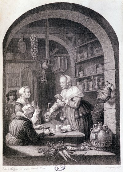 Landsbykøbmand vejer med vægt. sd. 1700-tallet af Gerrit or Gerard (after) Dou