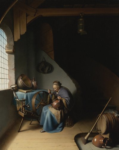 En ældre kvinde ved sit spindehjul, spiser grød par Dou, Gerard af Gerrit Dou