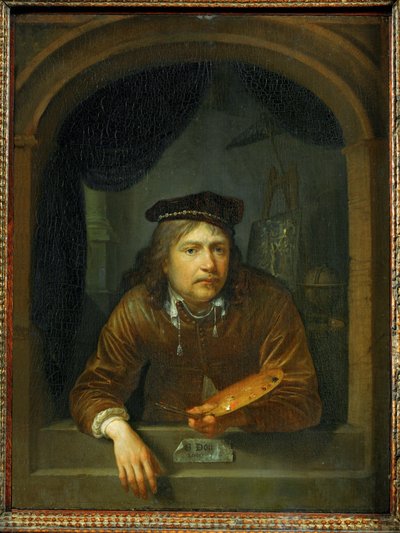 Autoportræt i et vindue (maleri på egetræ) af Gerrit or Gerard Dou