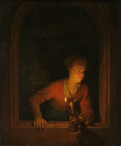 Pige med en olielampe ved et vindue, 1645-75 af Gerrit Dou