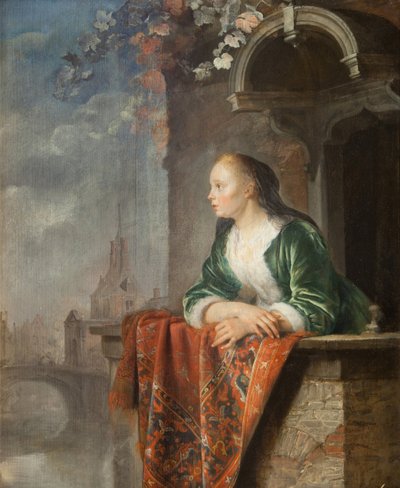 Ung kvinde på en balkon - Ung kvinde på en balkon - Gerard (Gerrit) Dou (1613-1675). Olie på lærred, ca 1665. Nationalgalleriet, Prag af Gerrit Dou