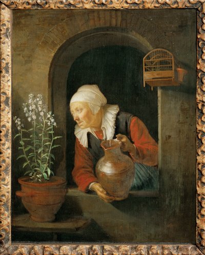 Gammel kvinde ved vinduet, der vander sine blomster (maleri) af Gerrit or Gerard Dou