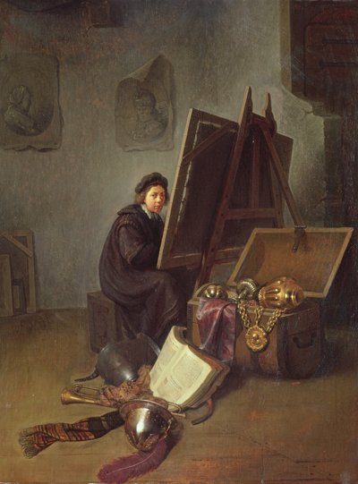 Portræt af kunstneren ved hans staffeli i hans studie af Gerrit Dou