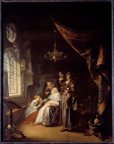 Den hydropiske kvinde. En læge undersøger urinen fra en kvinde med vatter. Maleri af Gerard Dou (1613-1675) Ec. Hol af Gerrit Dou
