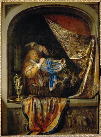 Trompetisten, i baggrunden et festmåltid ... af Gerrit or Gerard Dou