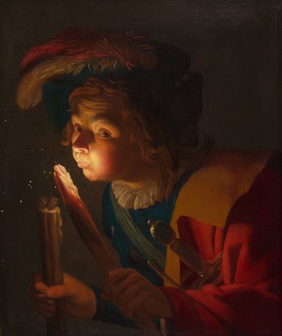 En dreng, der blæser på en ildsjæl af Gerrit van Honthorst