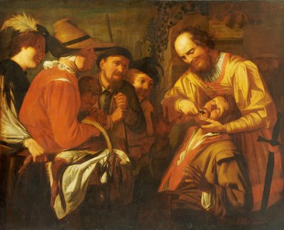 En kvaksalver tandlæge trækker en tand ud, mens en gruppe tilskuere ser i nærheden af Gerrit van Honthorst