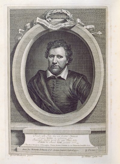 Ben Jonson (1573-1637), graveret af George Vertue (1684-1756), 1730 af Gerrit van Honthorst
