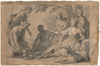 Diana og fire nymfer modtager gaver fra en satyr af Gerrit van Honthorst