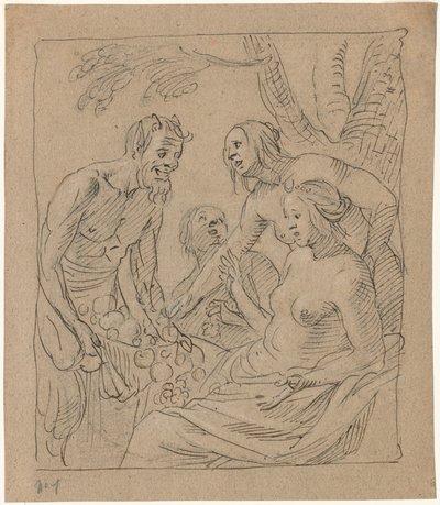 Diana og to nymfer modtager gaver fra en satyr (recto) af Gerrit van Honthorst