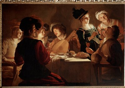 Middag med en lutspiller. (Maleri af Gerrit van Honthorst