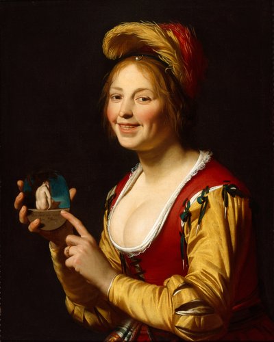 Smilende pige, en kurtisane, der holder et obskønt billede af Gerrit van Honthorst