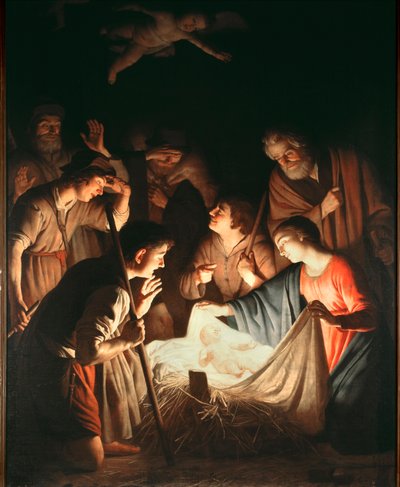 Hyrdernes tilbedelse - olie på lærred, ca. 1640 af Gerrit van Honthorst