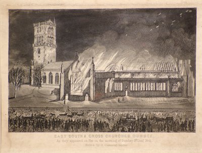 East, South & Cross Churches, Dundee, som de dukkede op i brand søndag den 3. januar 1841, ca. 1841 (radering) af Gershom Gourlay Cumming