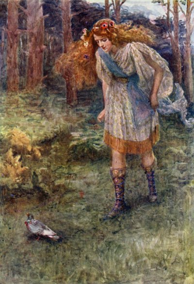 "Og altid, når hun nærmede sig, ville duen flyve lidt fremad" (farve litho) af Gertrude E. Demain (after) Hammond