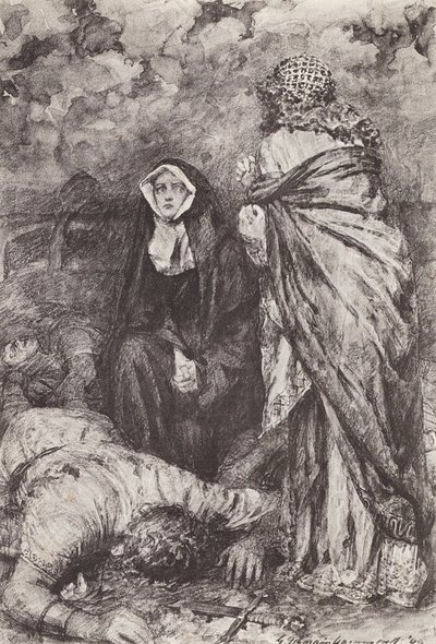 Illustration til The Story of Hereward, The Champion of England (litografi) af Gertrude E. Demain (after) Hammond