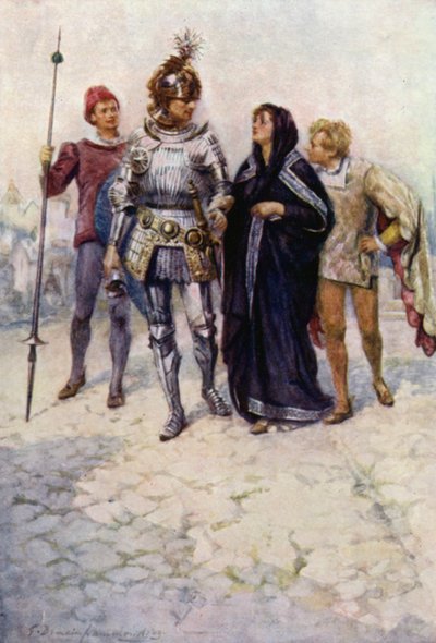 Prins Arthur fører Belge og hendes sønner ind på slottet (farve litho) af Gertrude E. Demain (after) Hammond