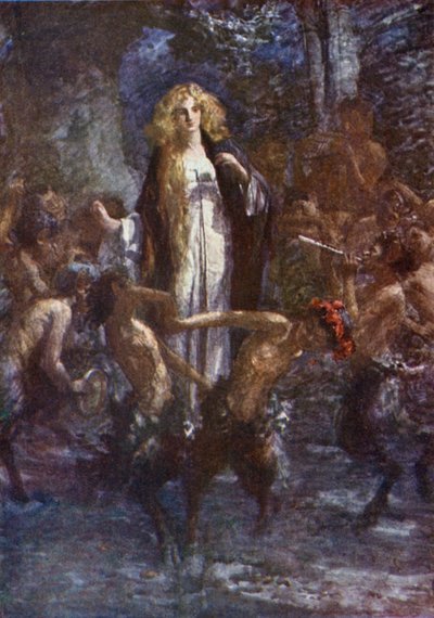 "Satyrerne dansede rundt om hende i glæde" (farve litho) af Gertrude E. Demain (after) Hammond
