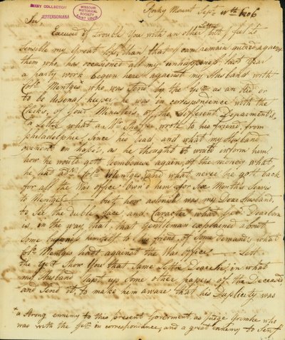 Brev underskrevet Gertrude Joan Senf, Rocky Mount, til Thomas Jefferson, 11. september 1806 af Gertrude Joan Senf