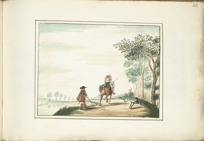 Herre og dame til hest og en fodgænger i et landskab af Gesina ter Borch (signed by artist)