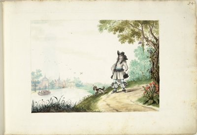 Herren går langs en flod af Gesina ter Borch (signed by artist)