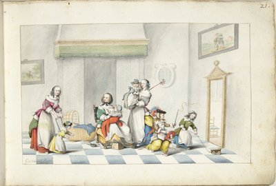 Børneværelse med tre kvinder og børn af Gesina ter Borch (signed by artist)
