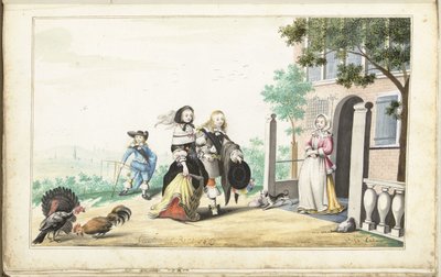 Par hilser på en dame ved døren til et landsted af Gesina ter Borch (signed by artist)