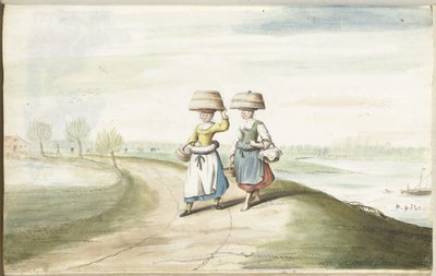 To bondekvinder går i et landskab af Gesina ter Borch (signed by artist)