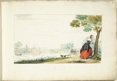 Kvinde ætser navne på et træ af Gesina ter Borch (signed by artist)