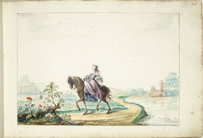Kvinde til hest i et landskab af Gesina ter Borch (signed by artist)
