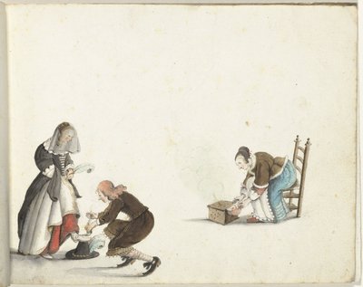 Lord strammer en dames sko og en kvinde sætter ild i et komfur af Gesina ter Borch