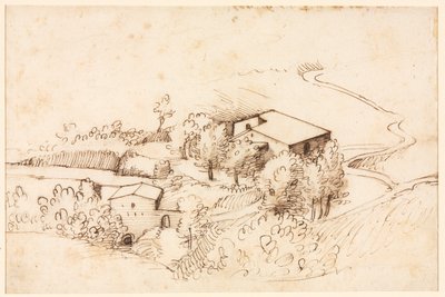 Gård med træer i et kuperet landskab, 1567. af Gherardo Cibo