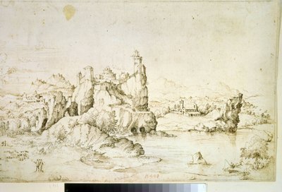 ""Un chateau perche sur une montagne"" (Et slot på en klippe i bjerglandskab) Tegning med brunt blæk af Gherardo Cibo (1512-1600) 1540 Pushkin Museum, Moskva af Gherardo Cibo