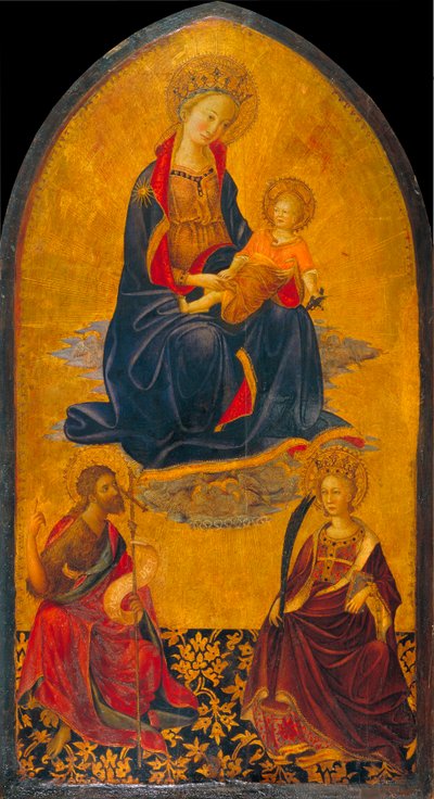 Tilbedelsen af ​​Jomfruen og Barnet af Sankt Johannes Døberen og Sankt Katarina - Tilbedelsen af ​​Jomfruen og Barnet af Sankt Johannes Døberen og Sankt Katarina - Maleri af Gherardo Starnina (ca. 1364-1413) - Slutningen af ​​det 14. århundrede. - Tempera  af Gherardo Starnina