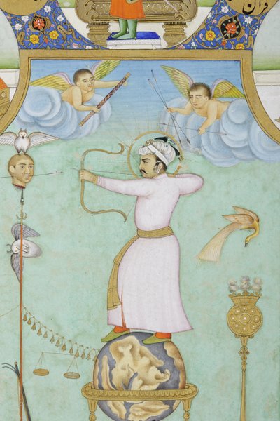 Detalje fra allegorisk portræt af Jahangir (ugennemsigtig akvarel & guld på papir) af Ghulam Ali Khan