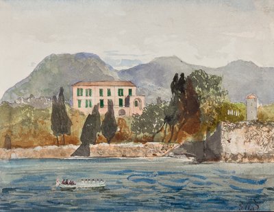 Ropram med Borbone-flaget nærmer sig et stort hus på den napolitanske kyst, med tilføjelser af prins Gaetano Maria Federico di Borbone (1846-1871) (blyant, wc og gouache) af Giacinto Gigante