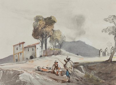 Hyrder med Vesuv i det fjerne, med tilføjelser af en Borbone-elev (blyant, wc og gouache på papir) af Giacinto Gigante