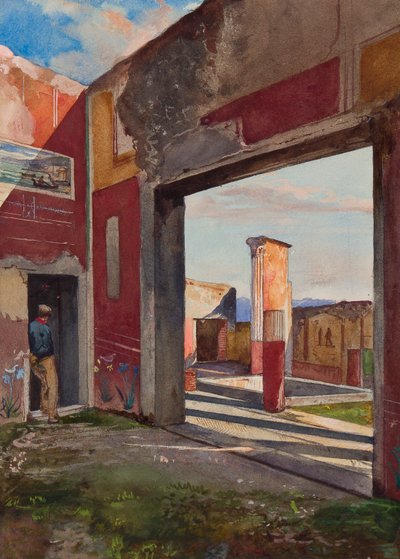 Huset Castor og Pollux i Pompeji med en officiel guide, med tilføjelser af en Borbone pupil (blyant, wc og gouache på papir) af Giacinto Gigante