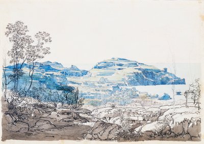 Udsigt over Ischia (Lacco Ameno), ca. 1845 (blyant, pen og akvarel) af Giacinto Gigante