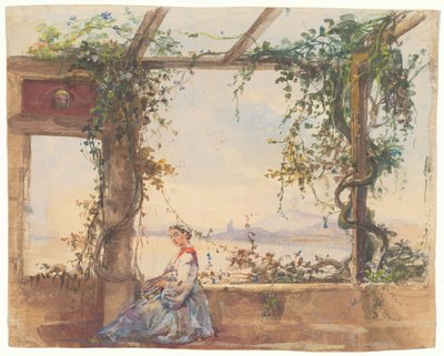 Kvinde med en vifte under en pergola og Vesuv i baggrunden af Giacinto Gigante
