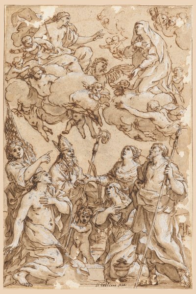 Tegning, Kristus og Jomfruen med skytshelgener fra Pistoia, 1638 af Giacinto Gimignani