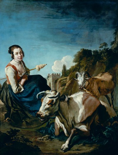 En pige med en ko og får i et klippelandskab, ca. 1700 (olie på lærred) af Giacomo Ceruti