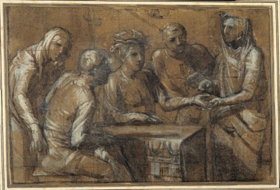 Fem figurer i et interiør (kul forhøjet med hvid kropsfarve) af Giacomo (attr. to) Cavedone