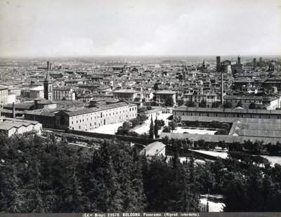 Panoramaudsigt over Bologna med fabrikker og en plads. af Giacomo Brogi
