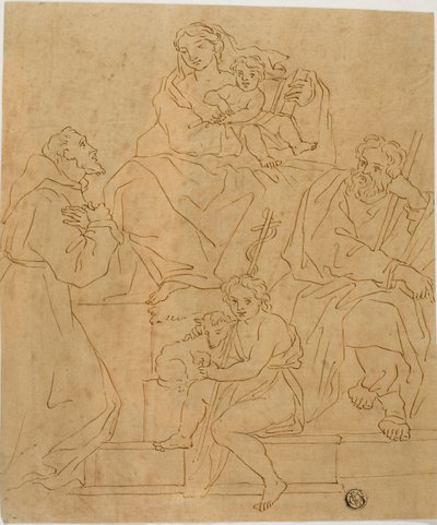 Den hellige familie med Frans af Assisi og Johannes Døberen af Giacomo Cavedone
